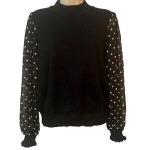 Sheer Polka Dot sleeve Sweater, Black Knit High Neck, Nanette Lepore, Ladies Med